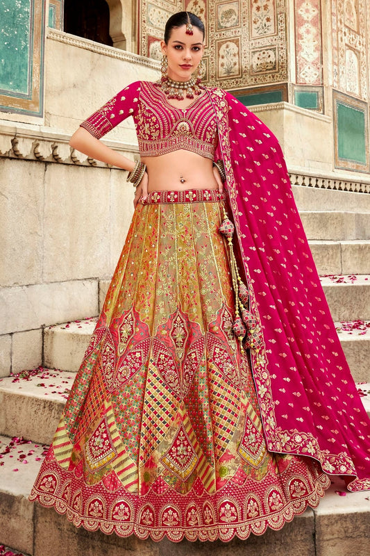 Pink and Light Green Banarasi Silk Bridal Lehenga Choli NCLC12910150