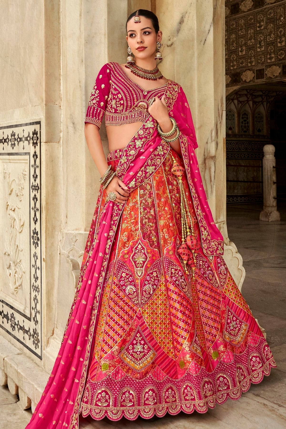 Pink and Orange Banarasi Silk Bridal Lehenga Choli NCLC12910151