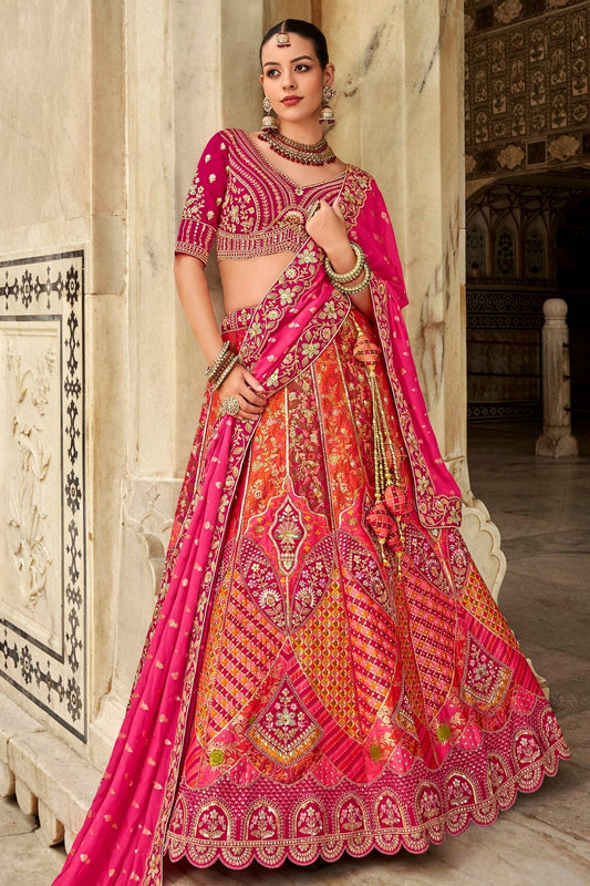 Pink and Orange Banarasi Silk Bridal Lehenga Choli NCLC12910151