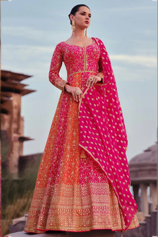 Pink and Orange Gerogette Semi Stitched Anarkali Suit NCSM11410443