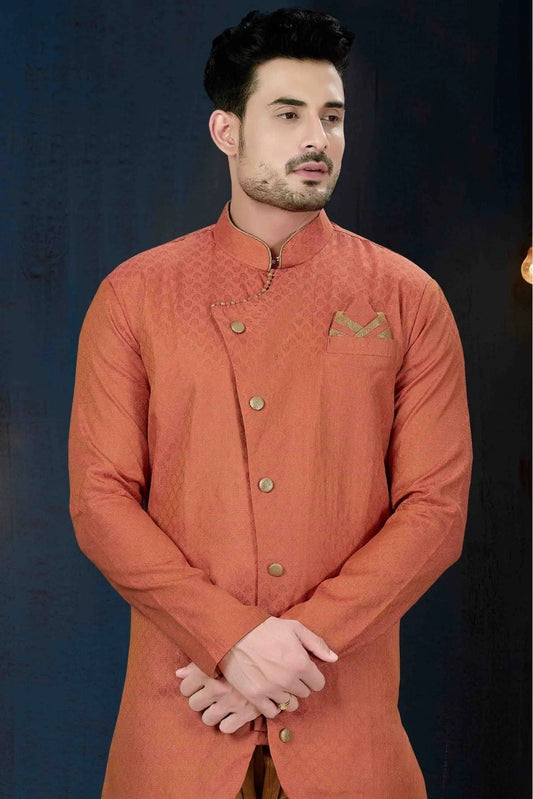 Pink and Red Jacquard Slub Party Wear Dhoti Sherwani NCSH10410335