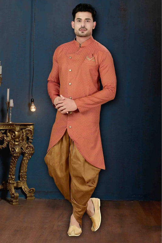 Pink and Red Jacquard Slub Party Wear Dhoti Sherwani NCSH10410335