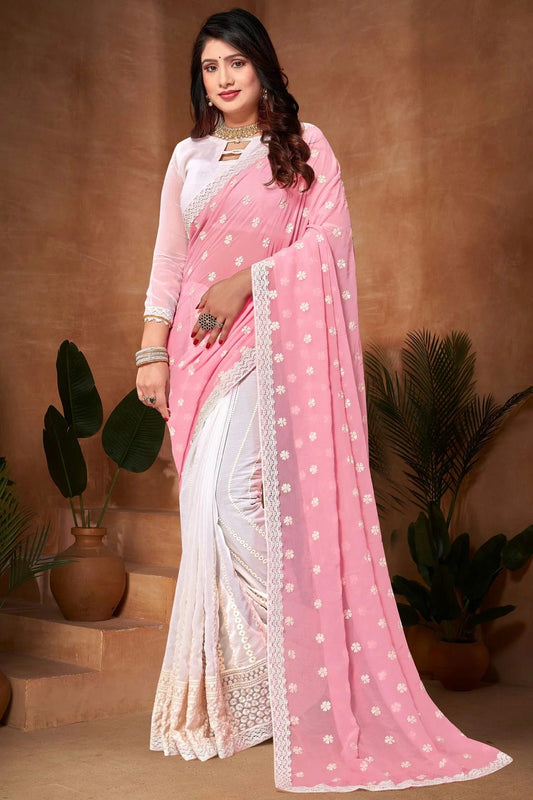 Pink and White Georgette Half N Half Saree NCSD10910159