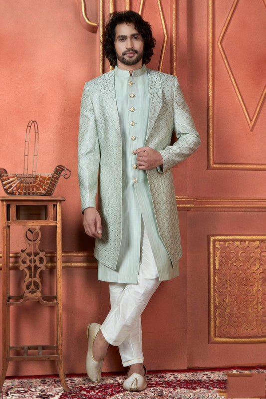 Pista Green Art Silk Indowestern Sherwan With Aligadhi Pant  NCSH12310285