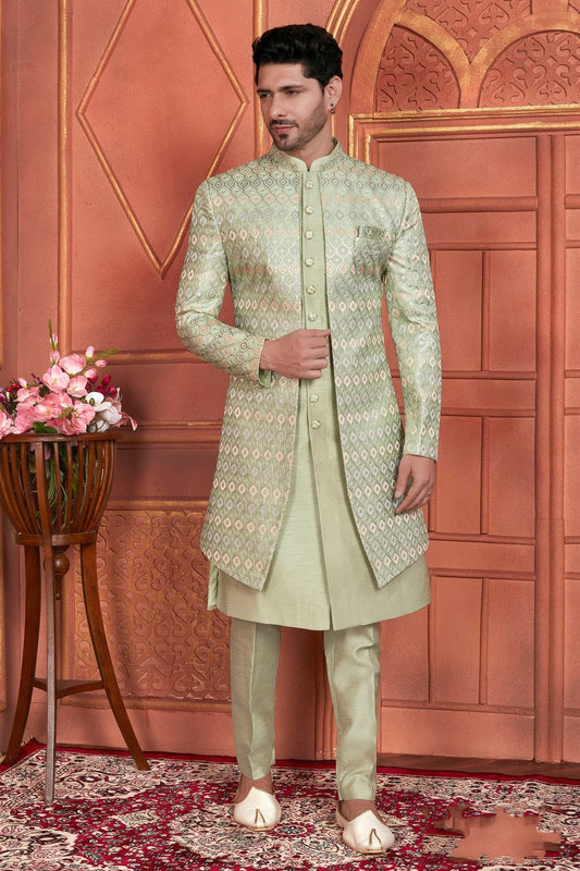 Pista Green Art Silk Indowestern Sherwan With Aligadhi Pant  NCSH12310369