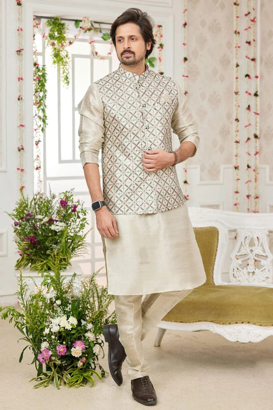 Pista Green Art Silk Kurta PajamaWith Jacket  NCKP12310102