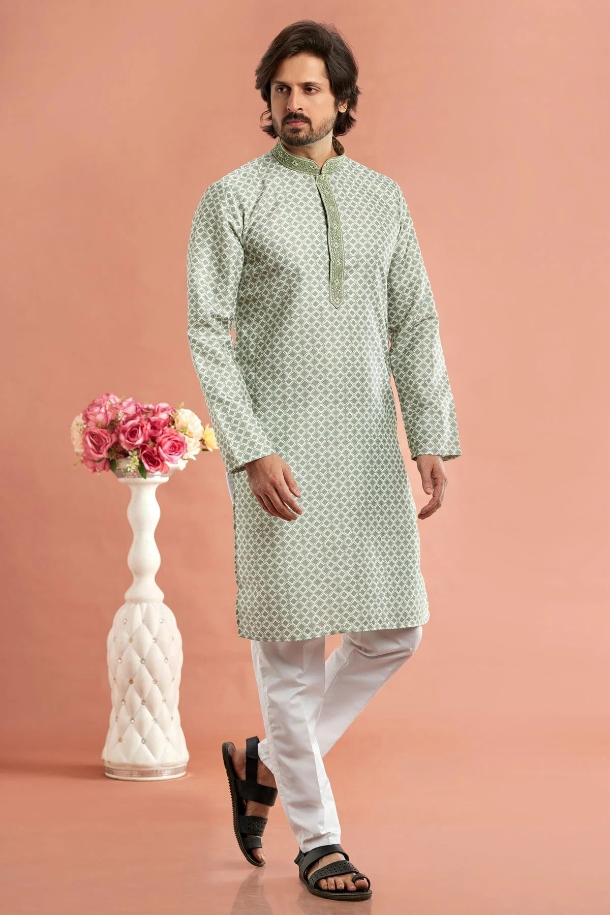 Pista Green Cotton Thread Kurta Pajama NCKP12310201