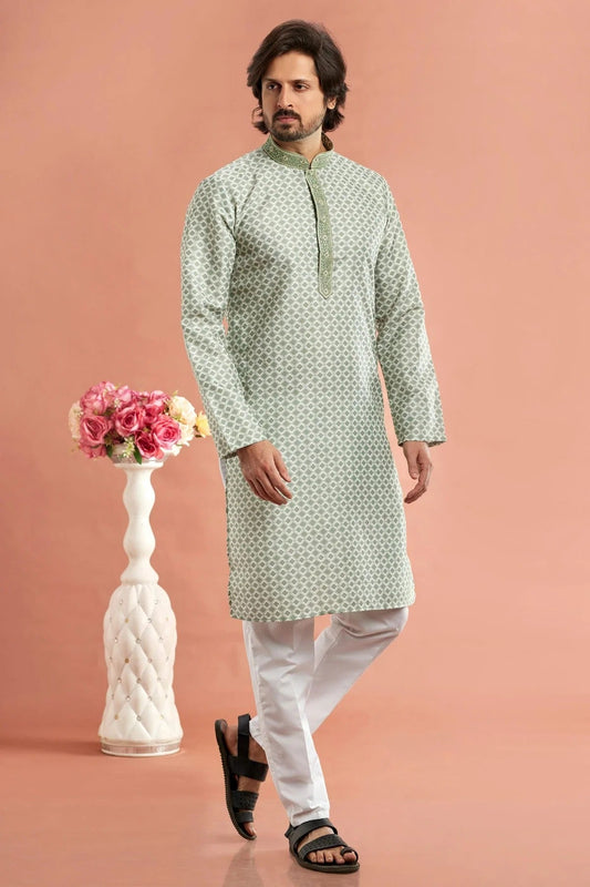 Pista Green Cotton Thread Kurta Pajama NCKP12310201