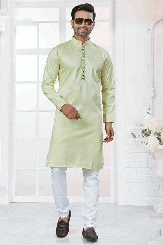 Pista Green Embroidery Cotton Kurta Pajama NCKP11110546