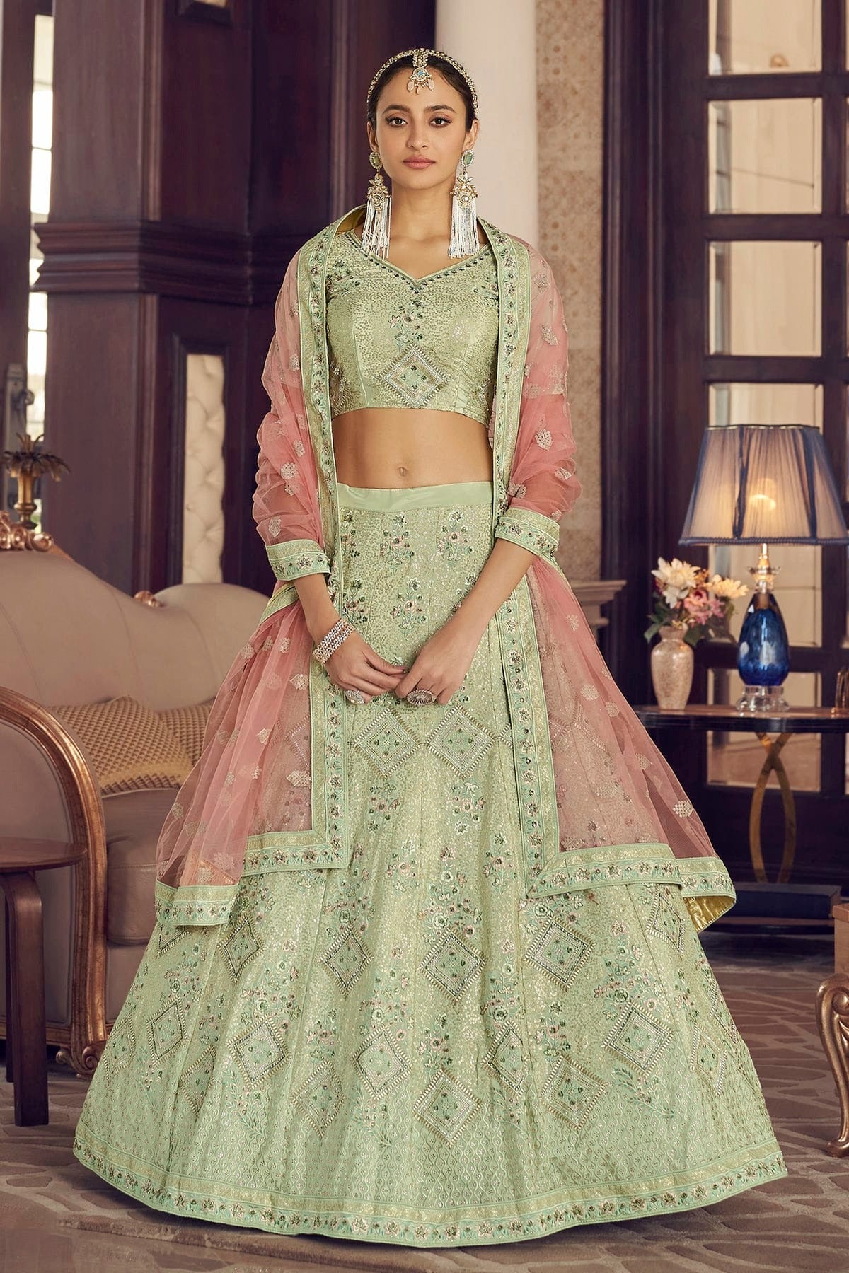 Pista Green Embroidery Crepe Lehenga Choli NCLD10810261
