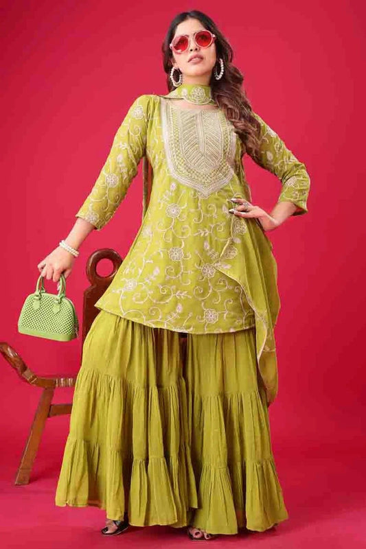 Pista Green Georgette Stitched Sharara Suit NCSS11410196