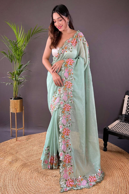 Pista Green Glossy Silk Designer Saree NCSD11111673