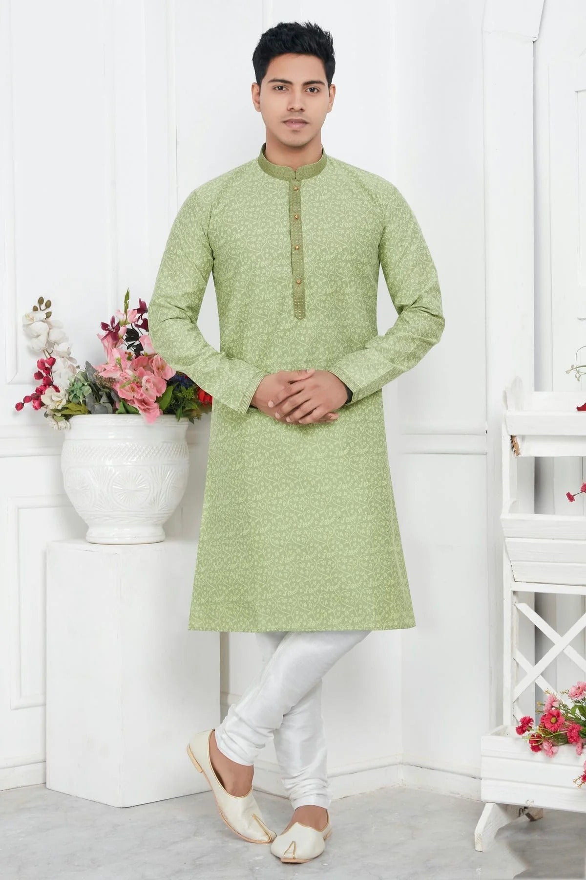 Pista Green Jacquard Silk Brocade Kurta Pajama NCKP12310164