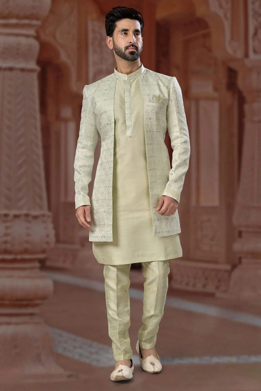 Pista Green Jacquard and Silk Dhupion Sherwani NCSH10410232