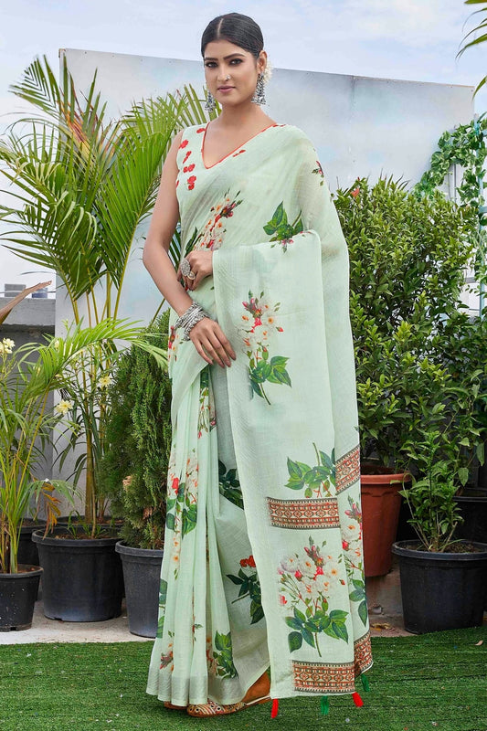 Pista Green Linen Blend Printed Saree NCSD11111848