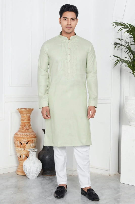 Pista Green Linen Cotton Pintex Kurta Pajama NCKP12310251