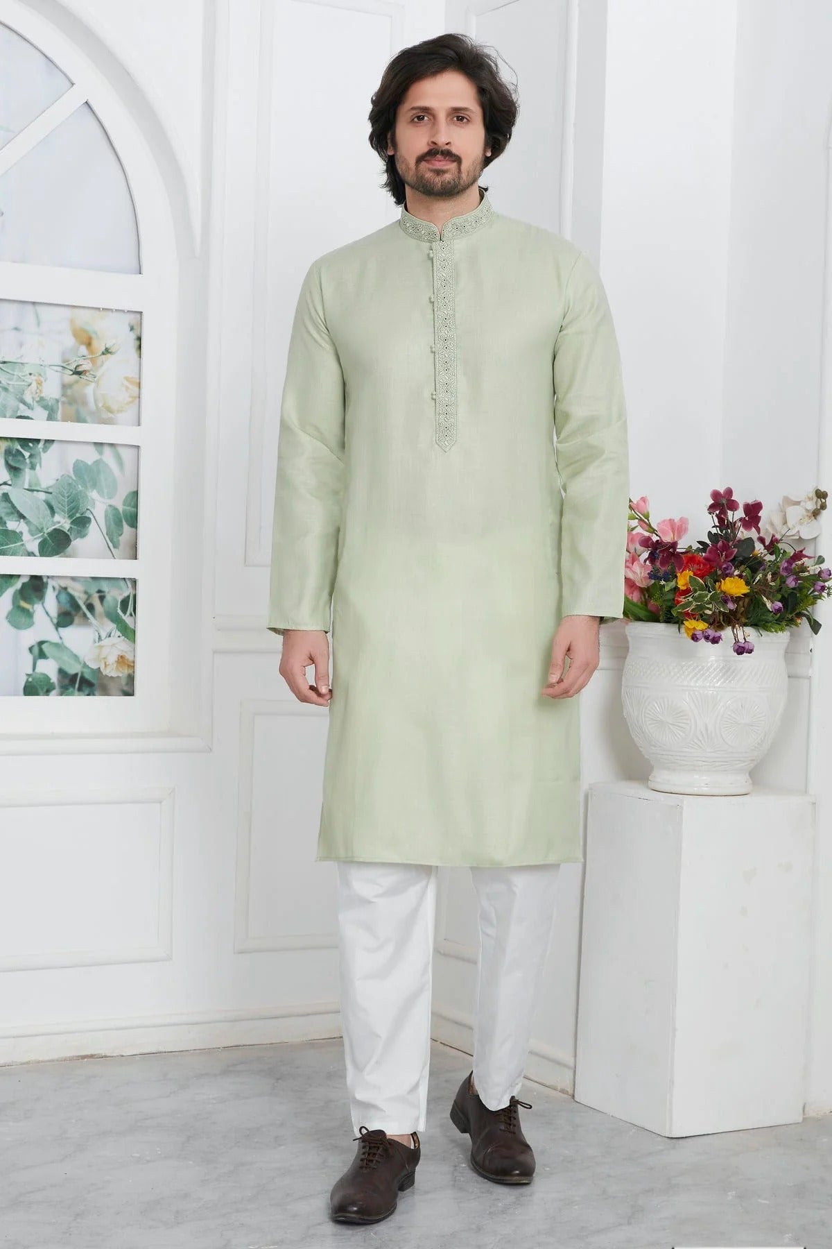 Pista Green Linen Cotton Thread Kurta Pajama NCKP12310228