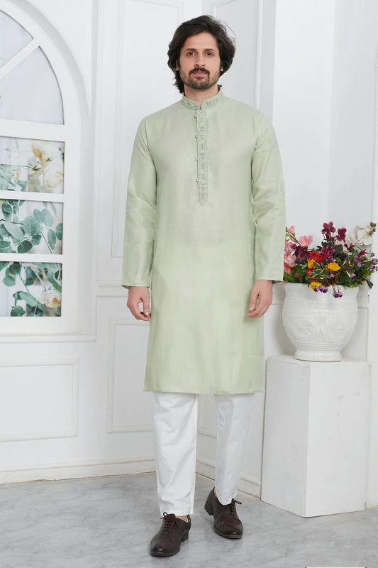 Pista Green Linen Cotton Thread Kurta Pajama NCKP12310228