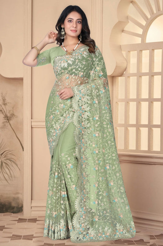 Pista Green Net Designer Saree NCSD10910198