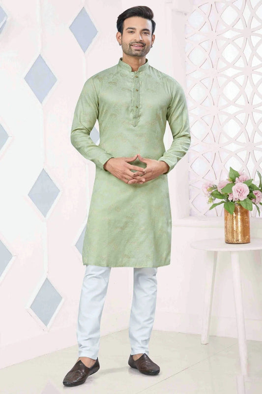 Pista Green Pintex and Woven Jacquard Silk Kurta Pajama NCKP11110576