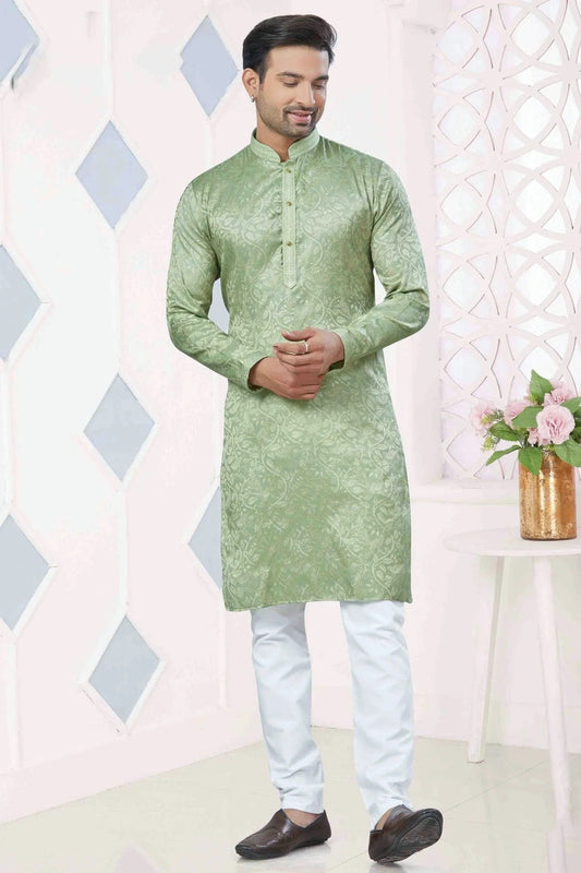 Pista Green Pintex and Woven Jacquard Silk Kurta Pajama NCKP11110581