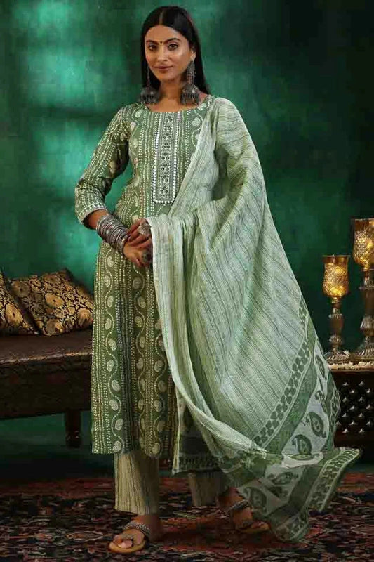 Pista Green Roman Slub Printed Pant Style Suit NCSS11110311