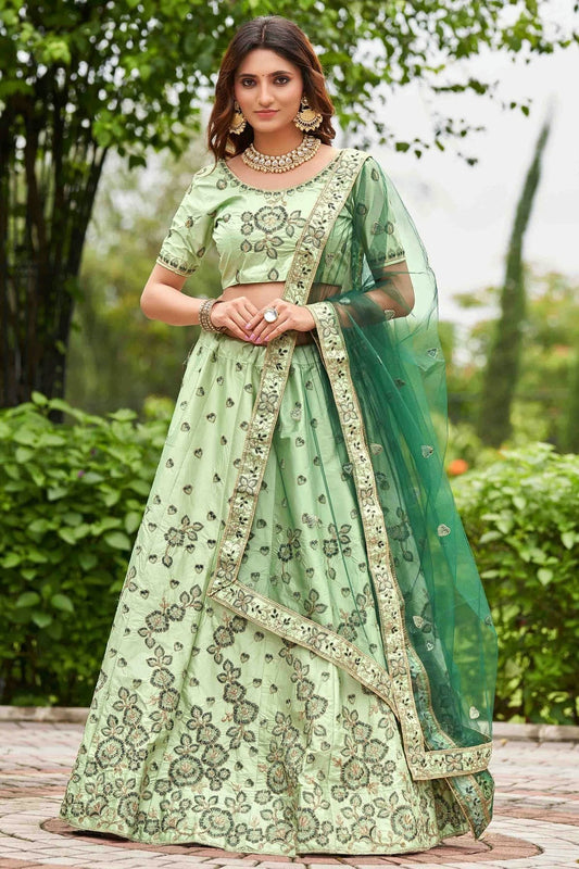 Pista Green Satin Silk Semi Stitched Lehenga Choli NCLC11710121