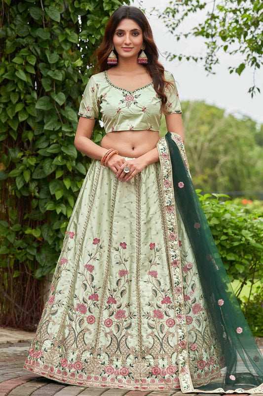 Pista Green Satin Silk Semi Stitched Lehenga Choli NCLC11710124