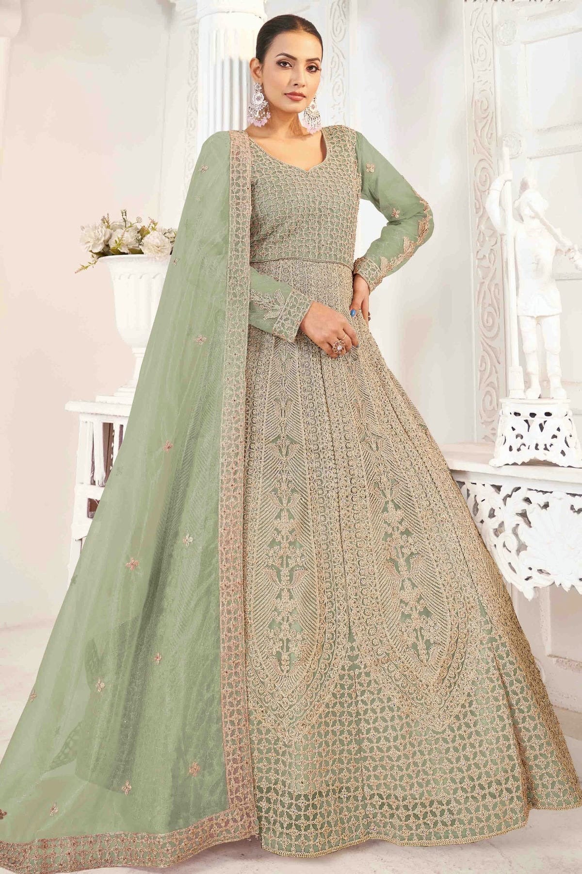 Pista Green Semi Stitched Butterfly twill Net Anarkali Suit NCSM11410304