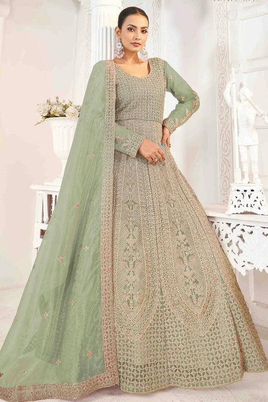 Pista Green Semi Stitched Butterfly twill Net Anarkali Suit NCSM11410304
