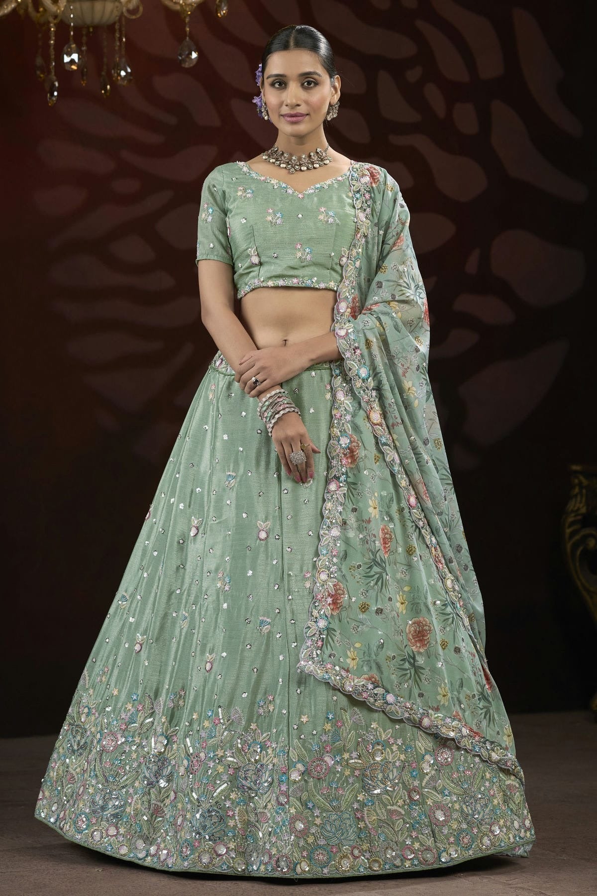 Pista Green Semi Stitched Chinon Lehenga Choli NCLC11111262