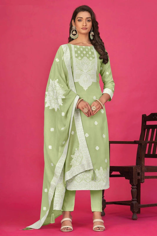 Pista Green Semi Stitched Jacquard Straight Suit NCSM11410502