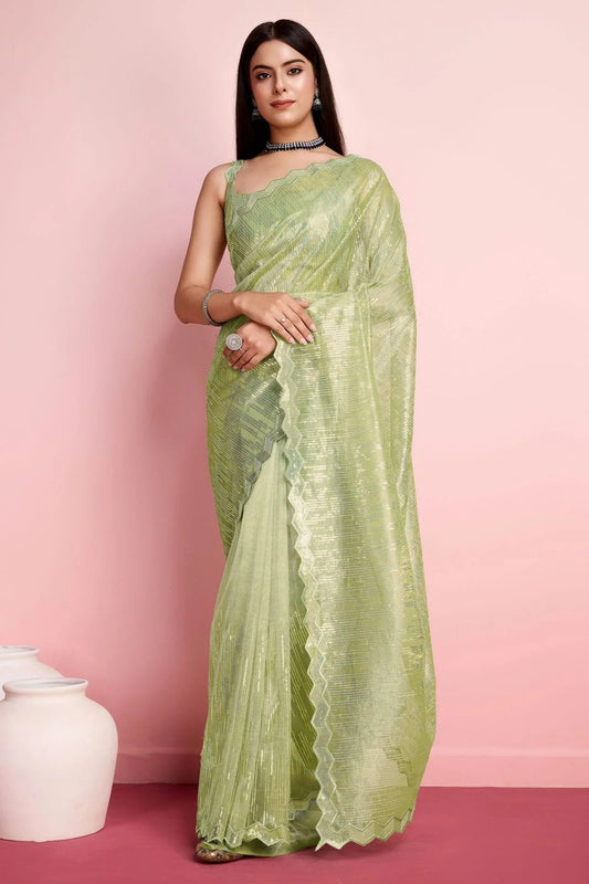Pista Green Silver Twill Net Saree NCSD11112437