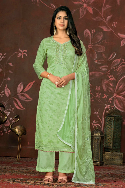 Pista Green Unstitched Cotton Jacquard Straight Suit NCUS11610168