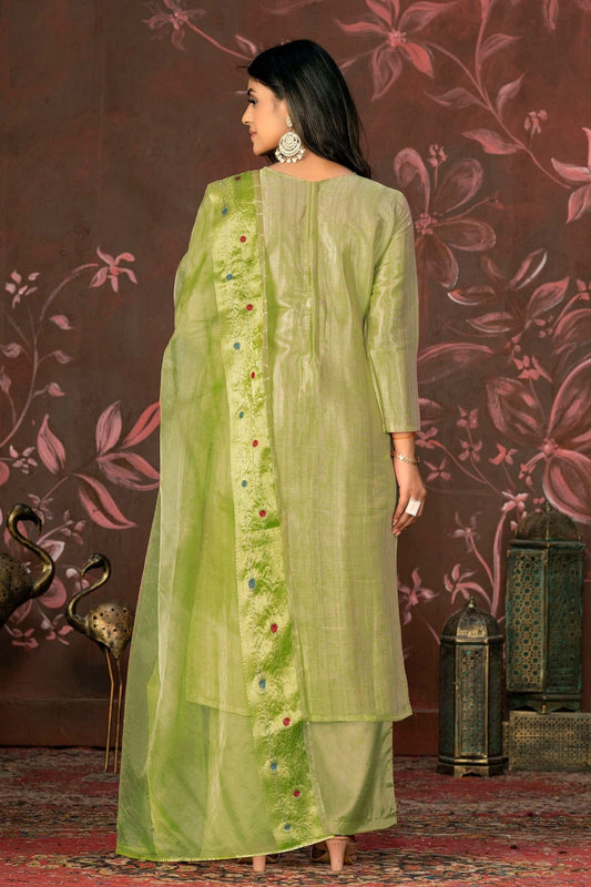 Pista Green Unstitched Modal Cotton Jacquard Straight Suit NCUS11610152