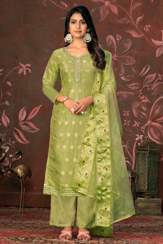 Pista Green Unstitched Modal Cotton Jacquard Straight Suit NCUS11610152