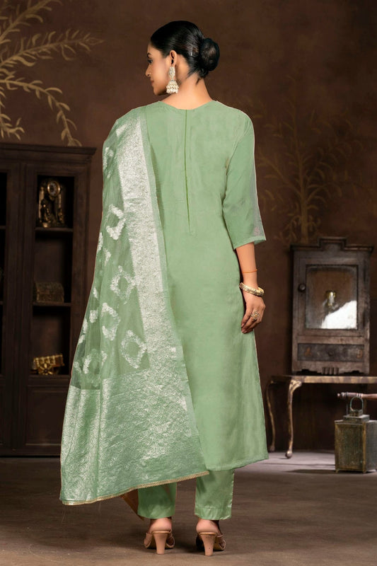 Pista Green Unstitched Organza Pant Style Suit NCUS11610120