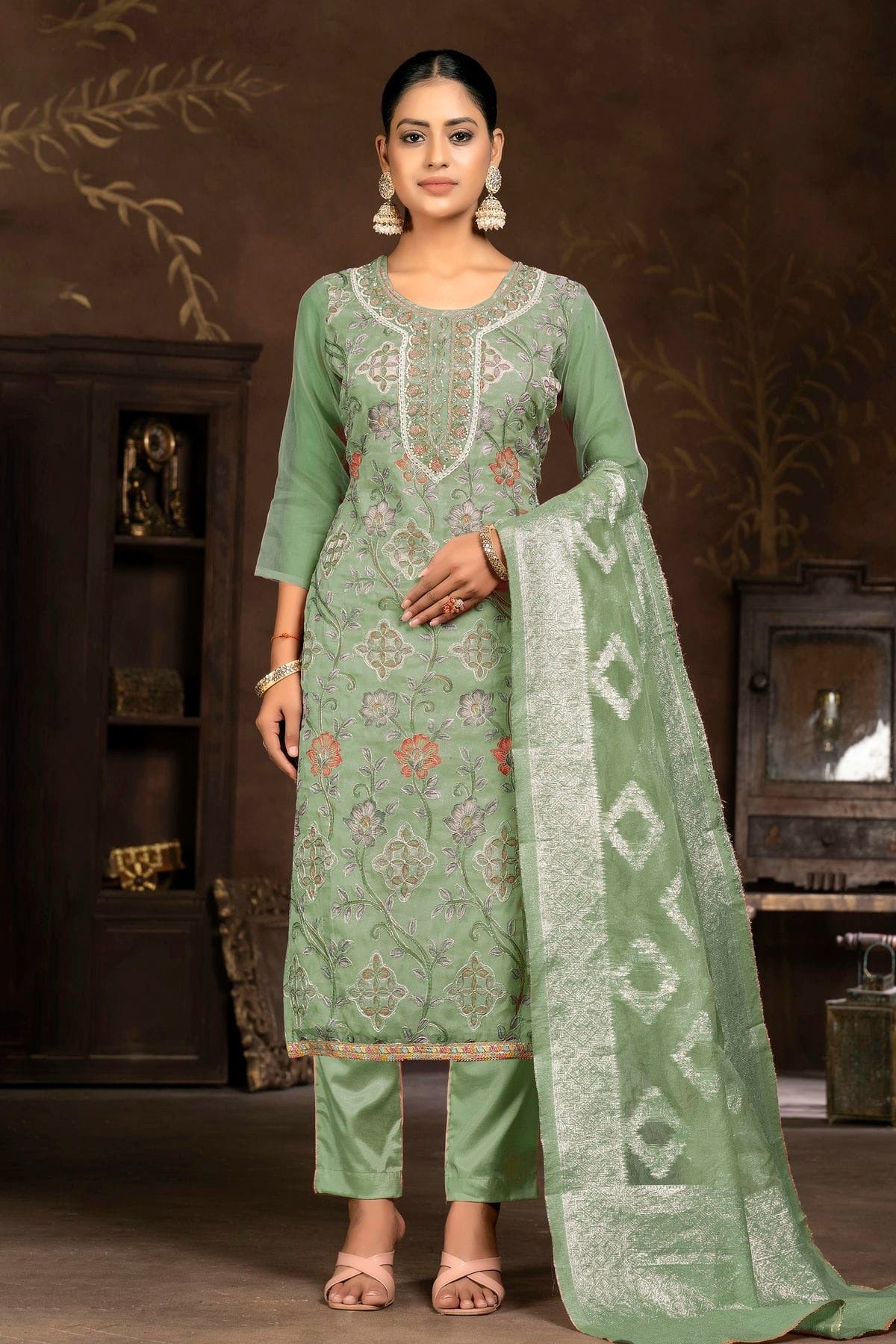 Pista Green Unstitched Organza Pant Style Suit NCUS11610120