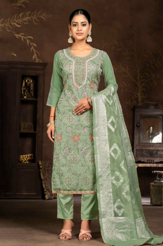 Pista Green Unstitched Organza Pant Style Suit NCUS11610120