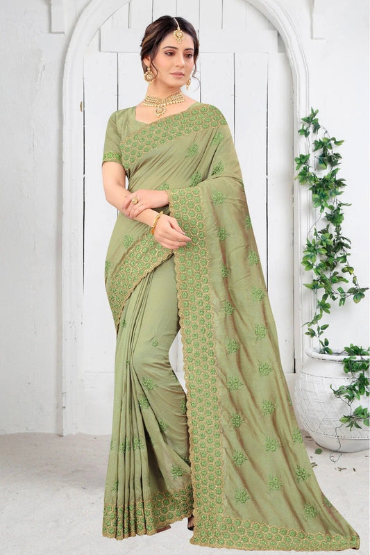 Pista Green Vichitra Silk Embroidery Saree NCSD11210575