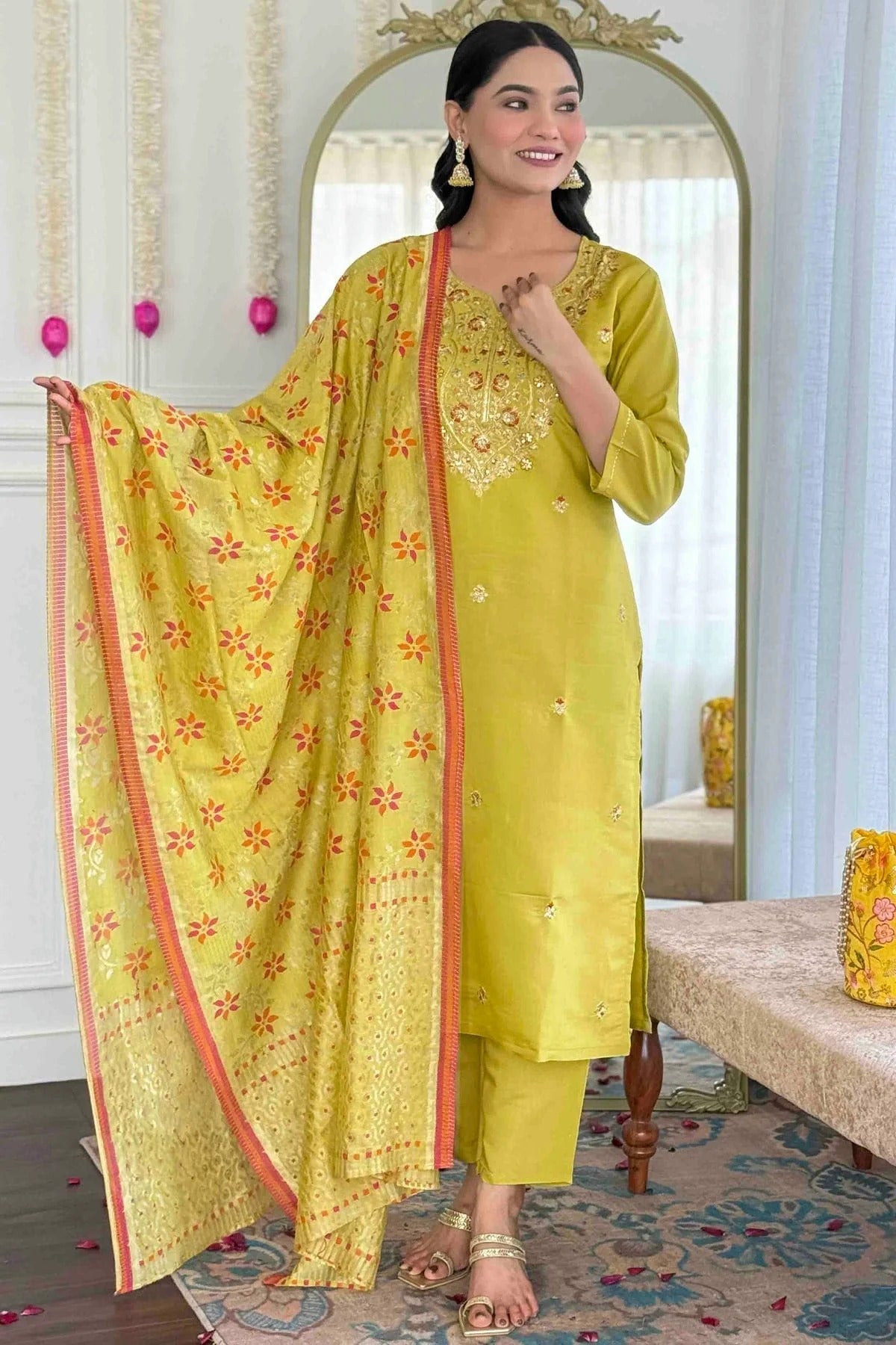 Pista Green Viscose Chanderi Embroidery Pant Style Suit NCSS11110365