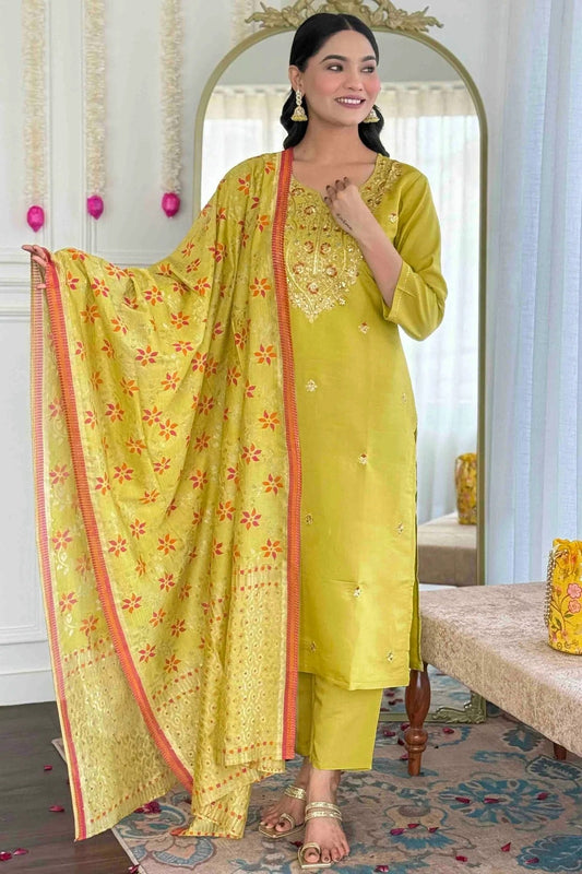 Pista Green Viscose Chanderi Embroidery Pant Style Suit NCSS11110365