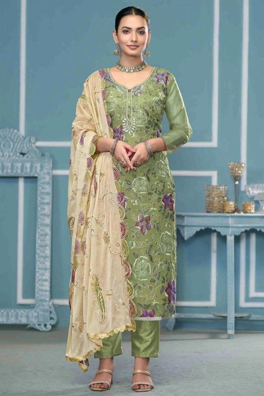 Pista Green Viscose Organza Pant Style Suit NCSM11110703