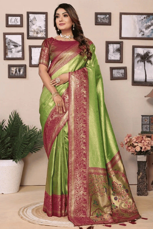 Pista Green Woven Pure Banarasi Tissue Silk Traditional Saree NCSD12510126