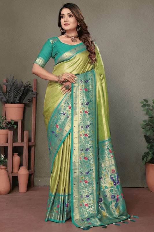 Pista Green Woven Pure Banarasi Tissue Silk Traditional Saree NCSD12510162