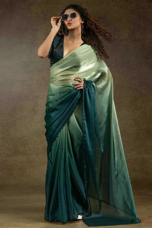 Pista Green and Teal Fendi Satin Silk Ready To Wear Saree NCSD11210139