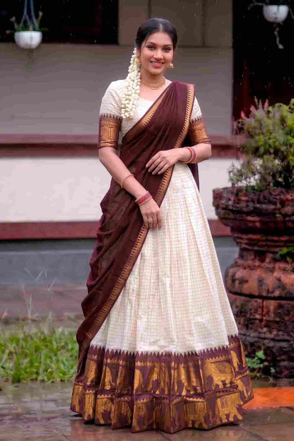Poly Cotton Zari Woven Work Stitched Lehenga Choli In Brown Colour NCLD1300019