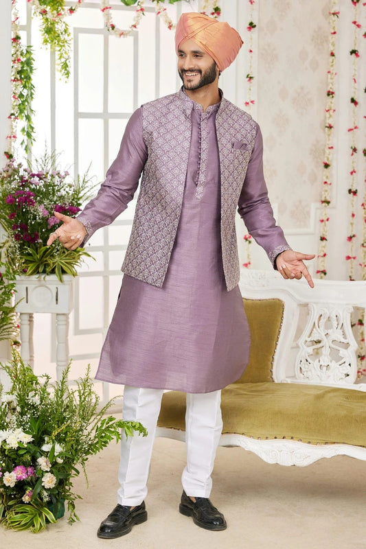 Purple Art Silk Kurta PajamaWith Jacket  NCKP12310107