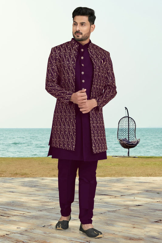 Purple Banarasi Silk Sherwani NCSH10410266