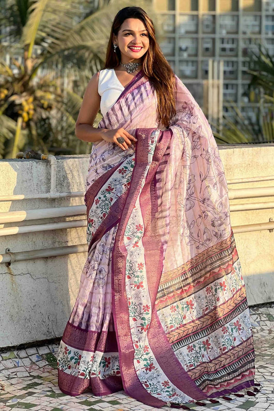 Purple Chanderi Crush Printed Saree NCSD11110994